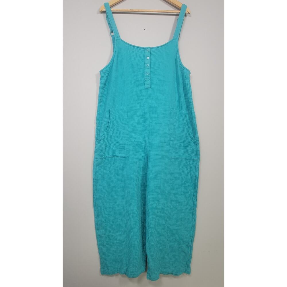 Serra Womens XL Blue Cotton Gauze Henley Wide Leg Jumpsuit